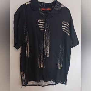 AXIS Mens Cotton Blend Short Sleeve Button Up Shirt Black Beige Print Size Med